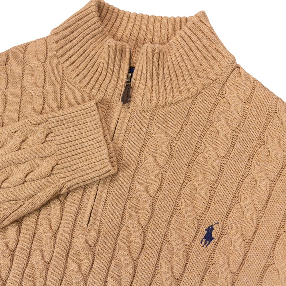 Polo Ralph Lauren Quarter Zip Sweater Mens 3XB Tan Cotton Cable Knit Pony Logo